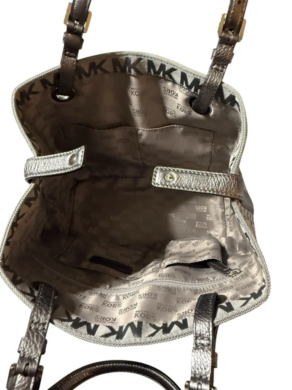 MICHAEL KORS NWT Jet Set Grab Bag Tote MK Logo Jacquard Gray/Ebny/Lug MSRP $248